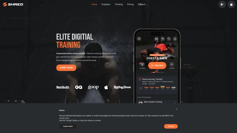 SHRED Fitness App: AI-Powered Home & Gym Workouts