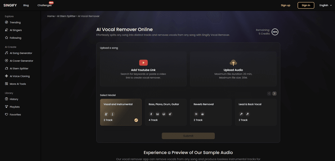 Singify AI Vocal Remover