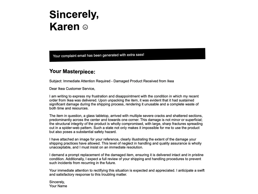 Sincerely Karen: Complaint Generator